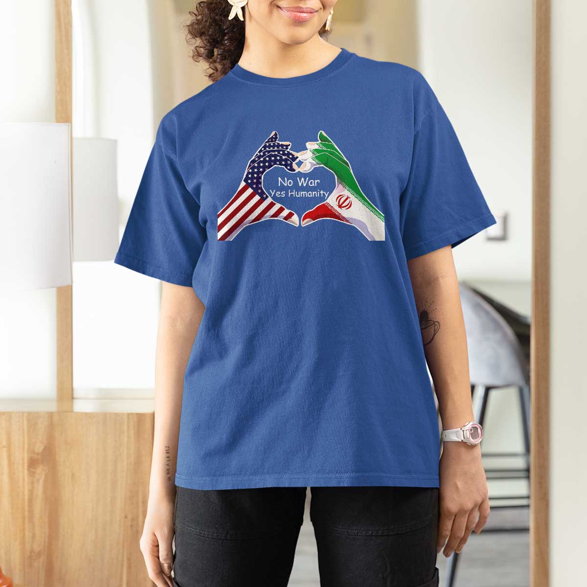Iran T Shirt For Women No War Yes Hummanity Persian American Flag Heart Political Statement