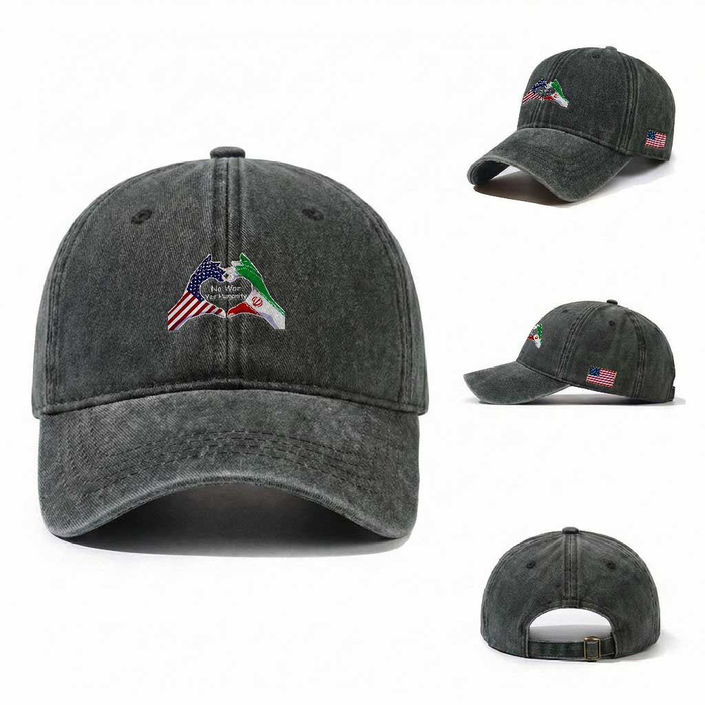 Iran Washed Cotton Baseball Cap No War Yes Hummanity Persian American Flag Heart Political Statement