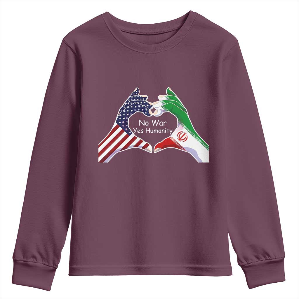 Iran Youth Sweatshirt No War Yes Hummanity Persian American Flag Heart Political Statement