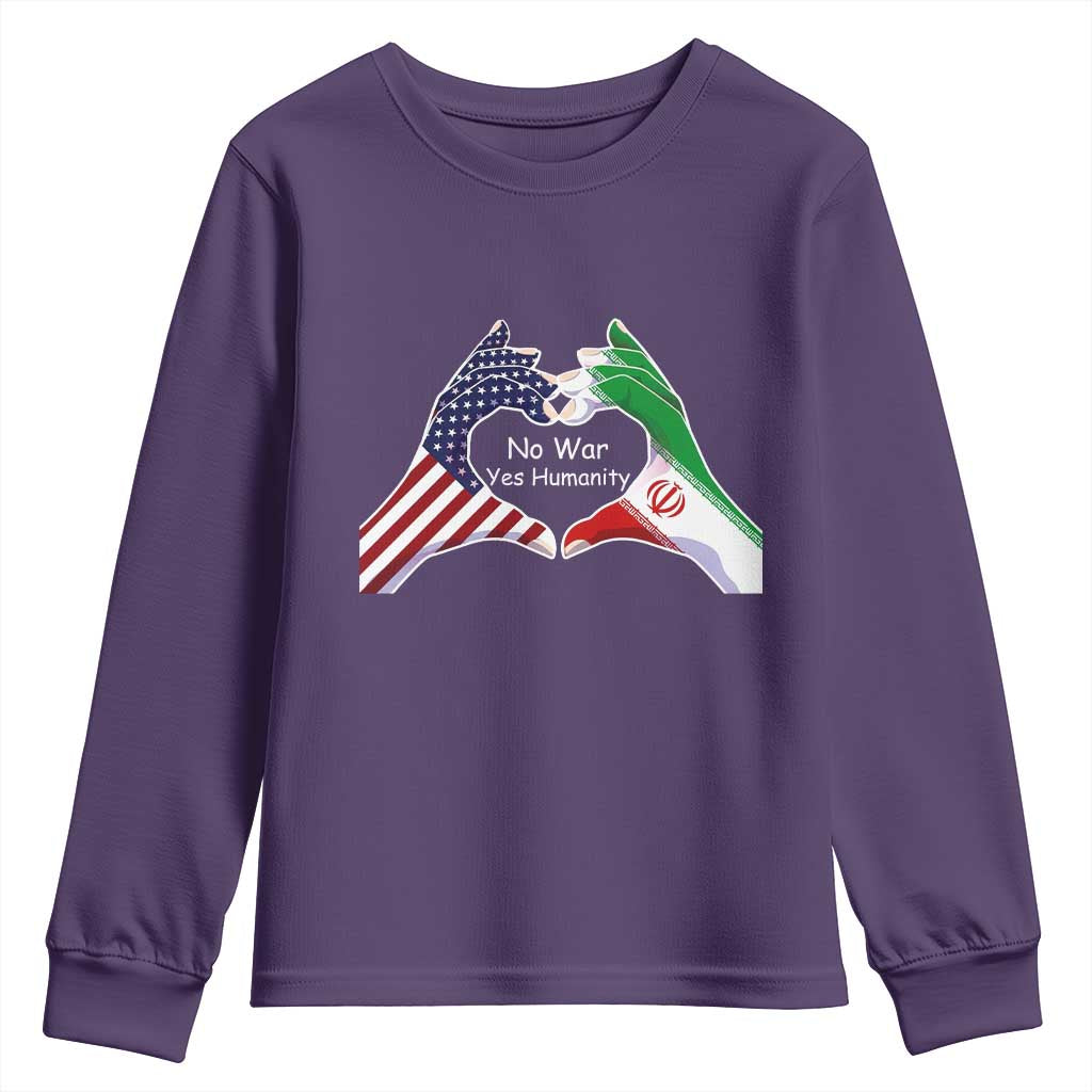 Iran Youth Sweatshirt No War Yes Hummanity Persian American Flag Heart Political Statement
