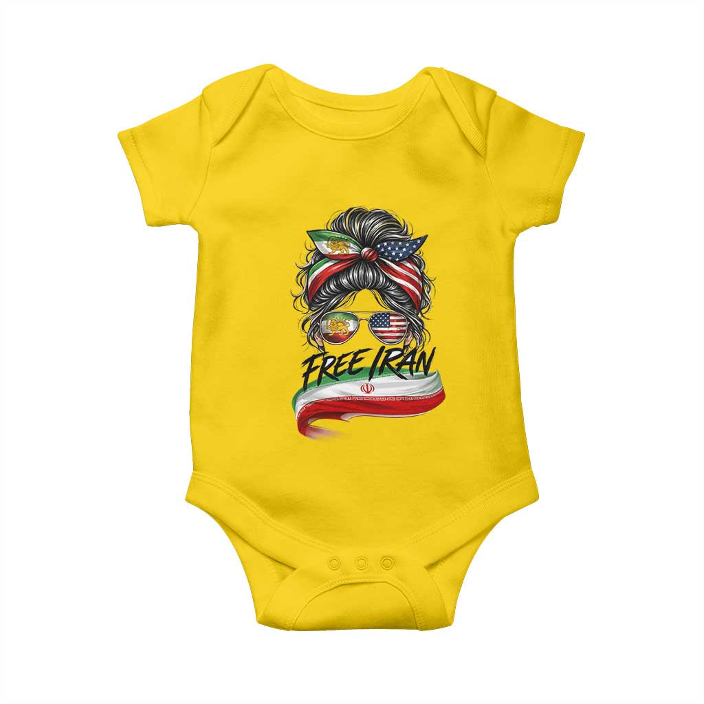 Free Iran Baby Onesie Persian American Pride Lion Sun Flag Messy Bun