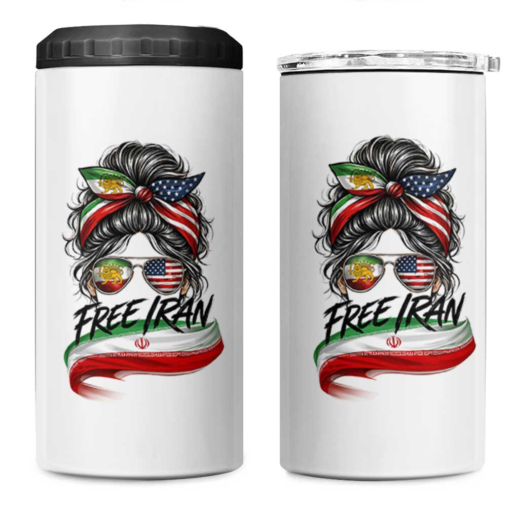 Free Iran 4 in 1 Can Cooler Tumbler Persian American Pride Lion Sun Flag Messy Bun