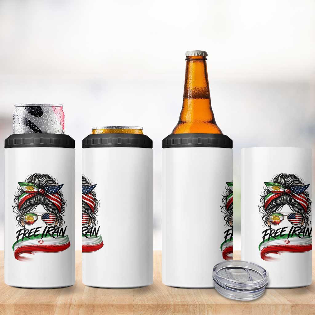 Free Iran 4 in 1 Can Cooler Tumbler Persian American Pride Lion Sun Flag Messy Bun
