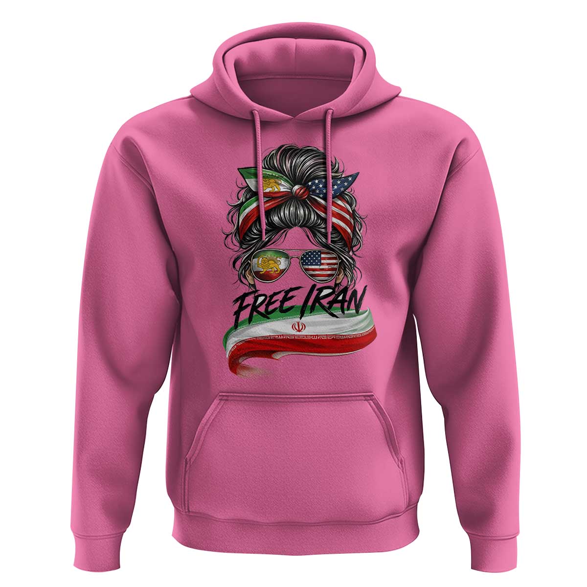 Free Iran Hoodie Persian American Pride Lion Sun Flag Messy Bun