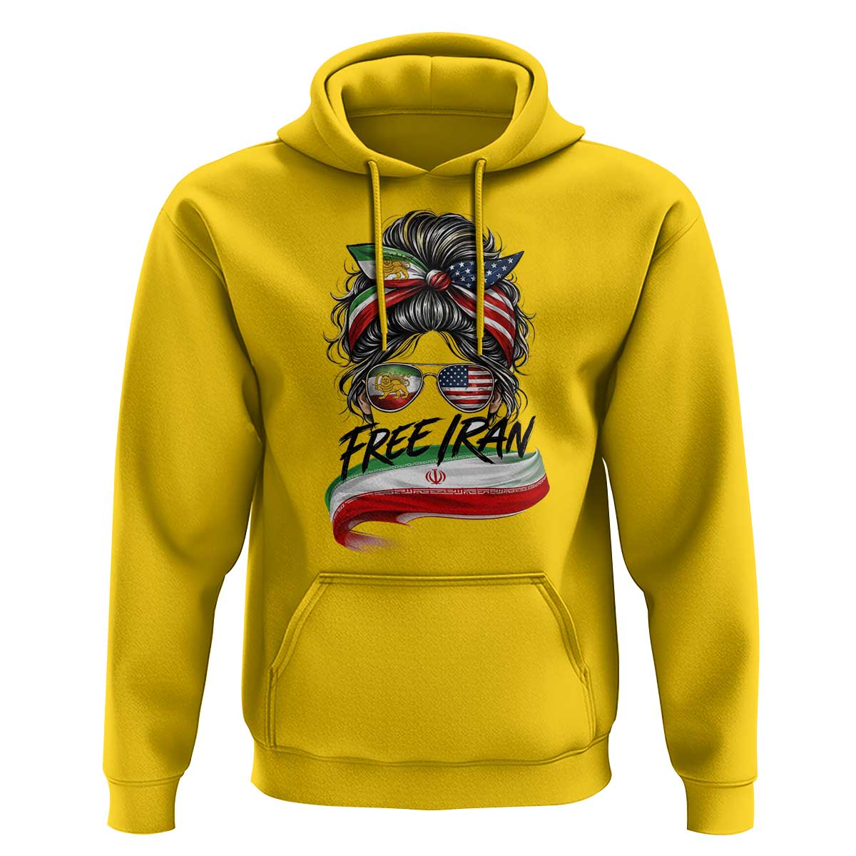 Free Iran Hoodie Persian American Pride Lion Sun Flag Messy Bun
