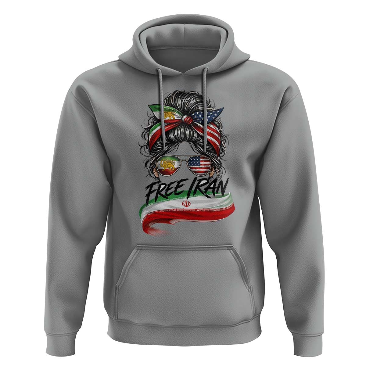 Free Iran Hoodie Persian American Pride Lion Sun Flag Messy Bun