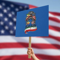 Free Iran Protest Sign Persian American Pride Lion Sun Flag Messy Bun