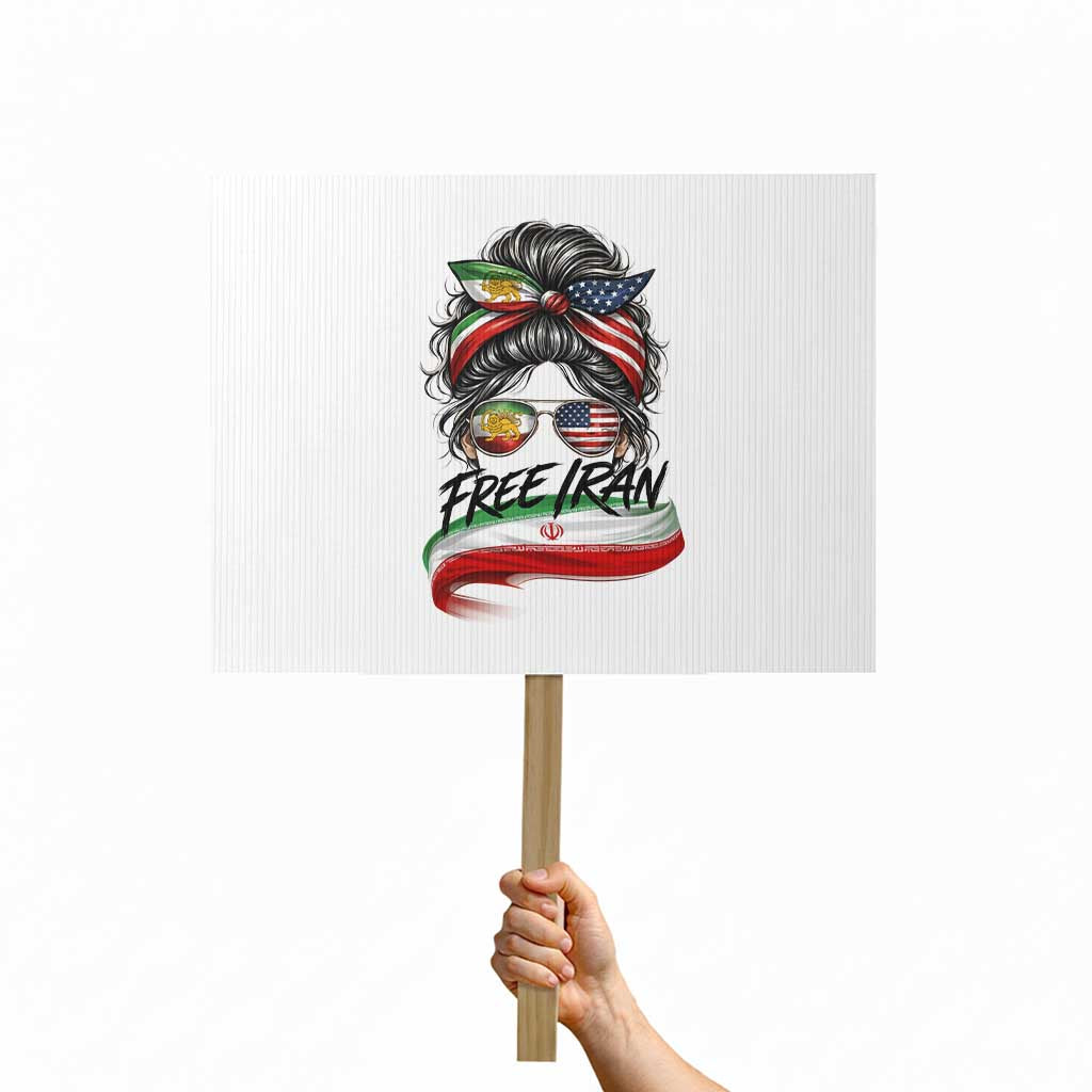 Free Iran Protest Sign Persian American Pride Lion Sun Flag Messy Bun