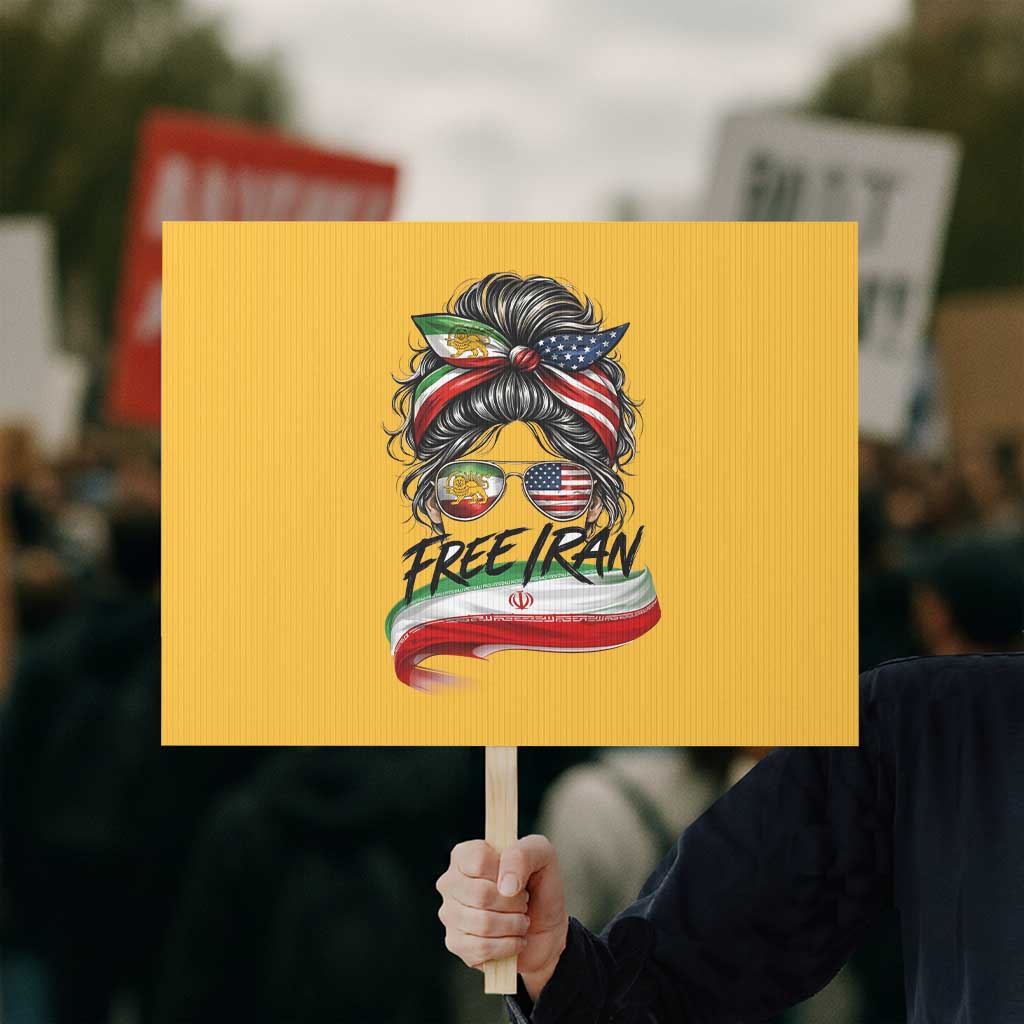 Free Iran Protest Sign Persian American Pride Lion Sun Flag Messy Bun