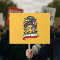 Free Iran Protest Sign Persian American Pride Lion Sun Flag Messy Bun