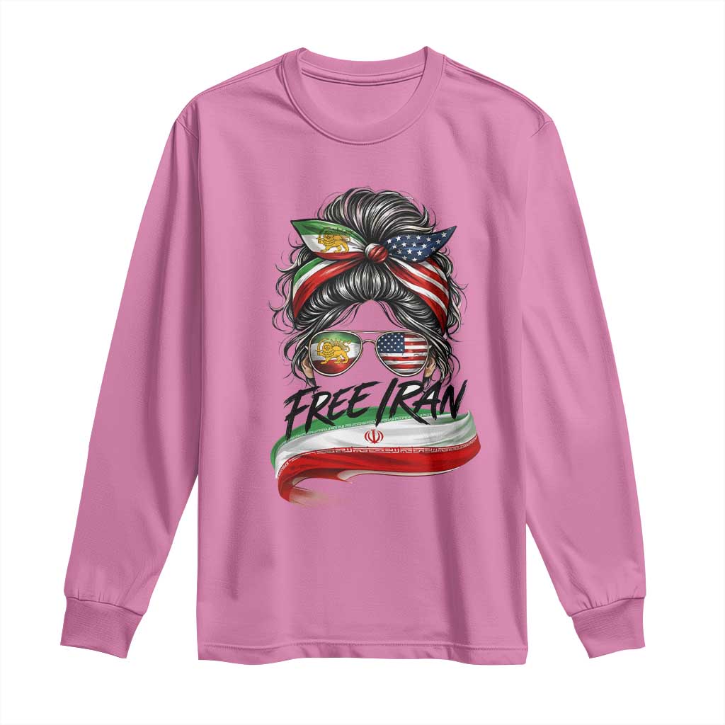 Free Iran Long Sleeve Shirt Persian American Pride Lion Sun Flag Messy Bun
