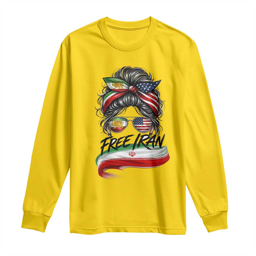 Free Iran Long Sleeve Shirt Persian American Pride Lion Sun Flag Messy Bun