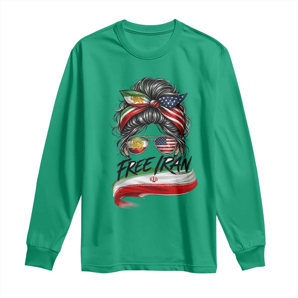 Free Iran Long Sleeve Shirt Persian American Pride Lion Sun Flag Messy Bun