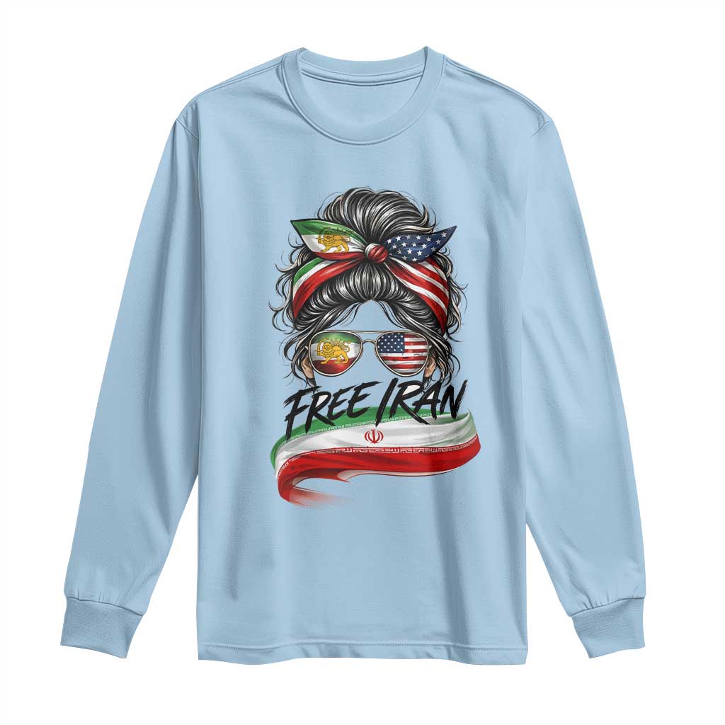 Free Iran Long Sleeve Shirt Persian American Pride Lion Sun Flag Messy Bun