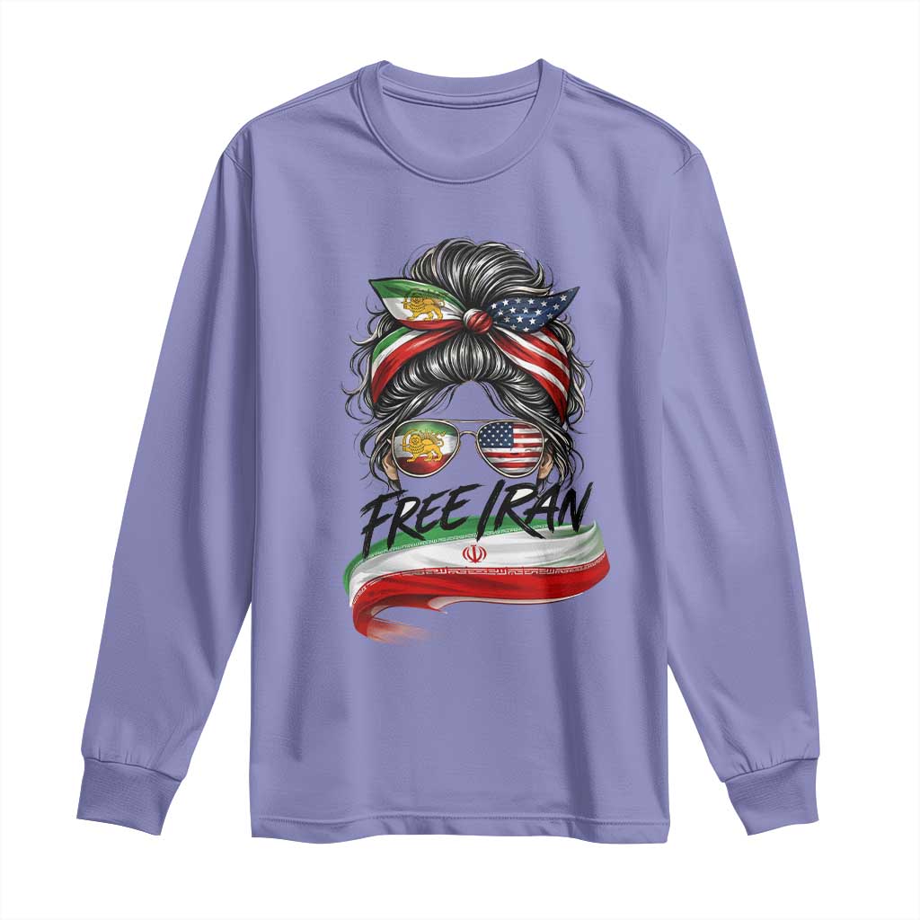 Free Iran Long Sleeve Shirt Persian American Pride Lion Sun Flag Messy Bun