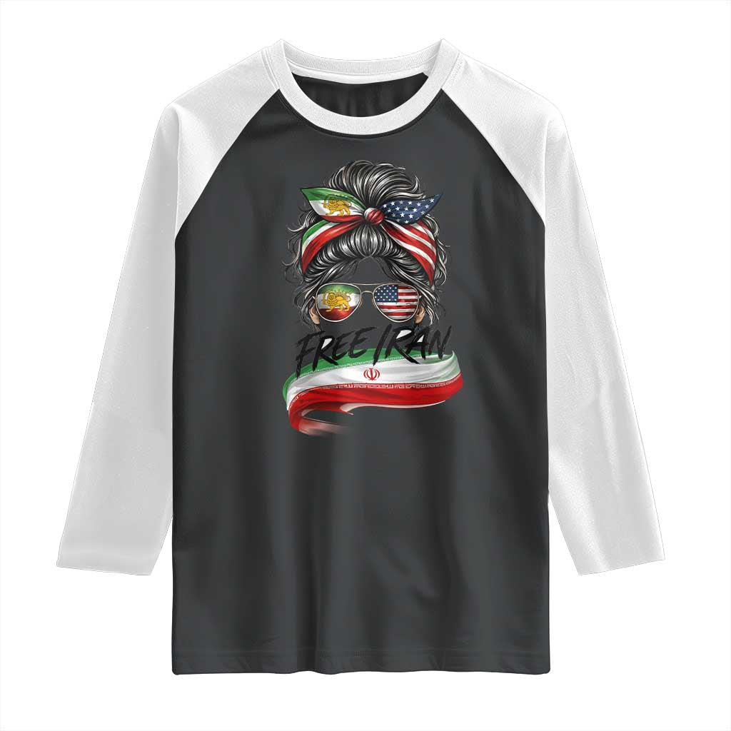 Free Iran Raglan Shirt Persian American Pride Lion Sun Flag Messy Bun