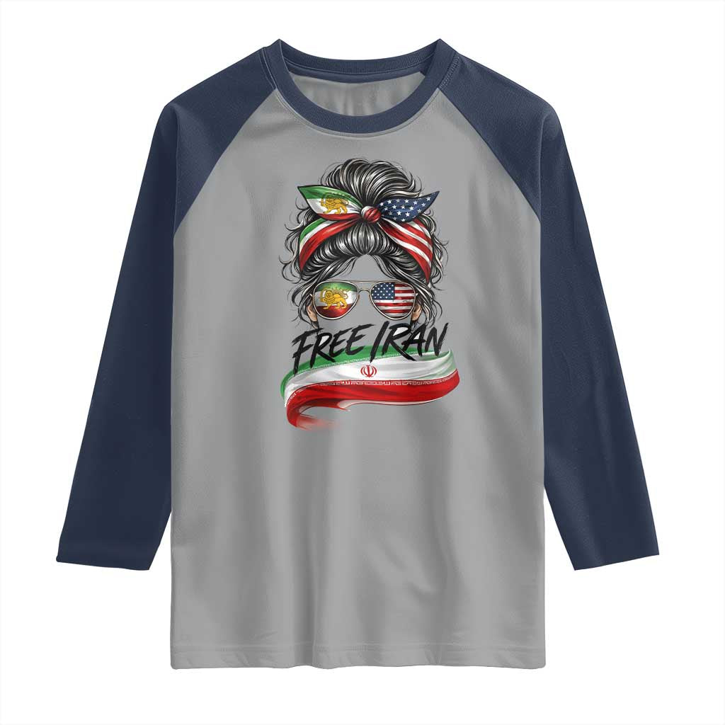 Free Iran Raglan Shirt Persian American Pride Lion Sun Flag Messy Bun