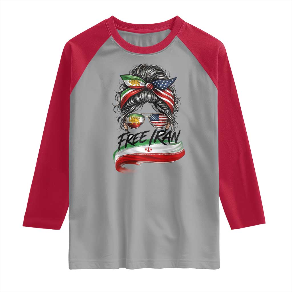 Free Iran Raglan Shirt Persian American Pride Lion Sun Flag Messy Bun