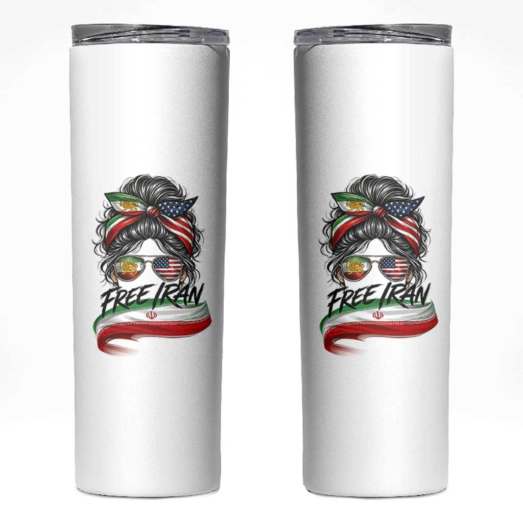 Free Iran Skinny Tumbler Persian American Pride Lion Sun Flag Messy Bun