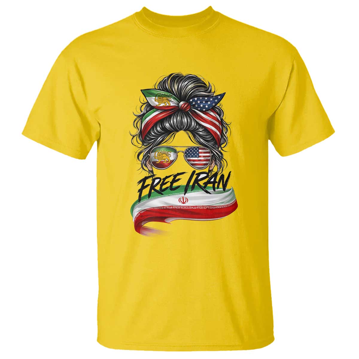 Free Iran T Shirt Persian American Pride Lion Sun Flag Messy Bun
