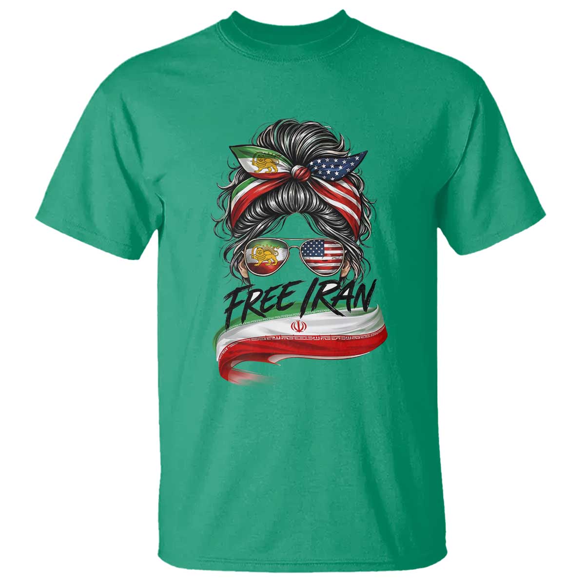 Free Iran T Shirt Persian American Pride Lion Sun Flag Messy Bun