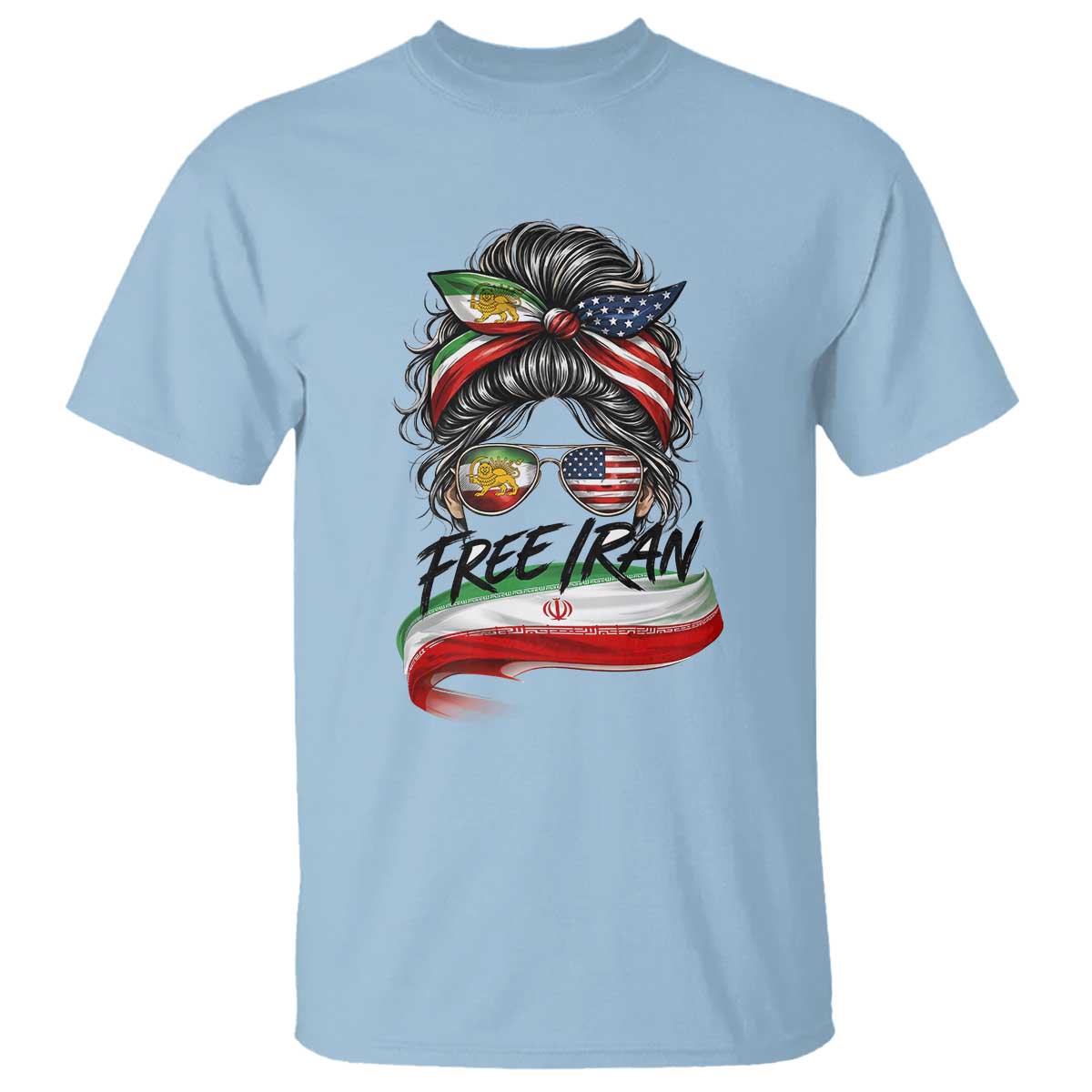 Free Iran T Shirt Persian American Pride Lion Sun Flag Messy Bun