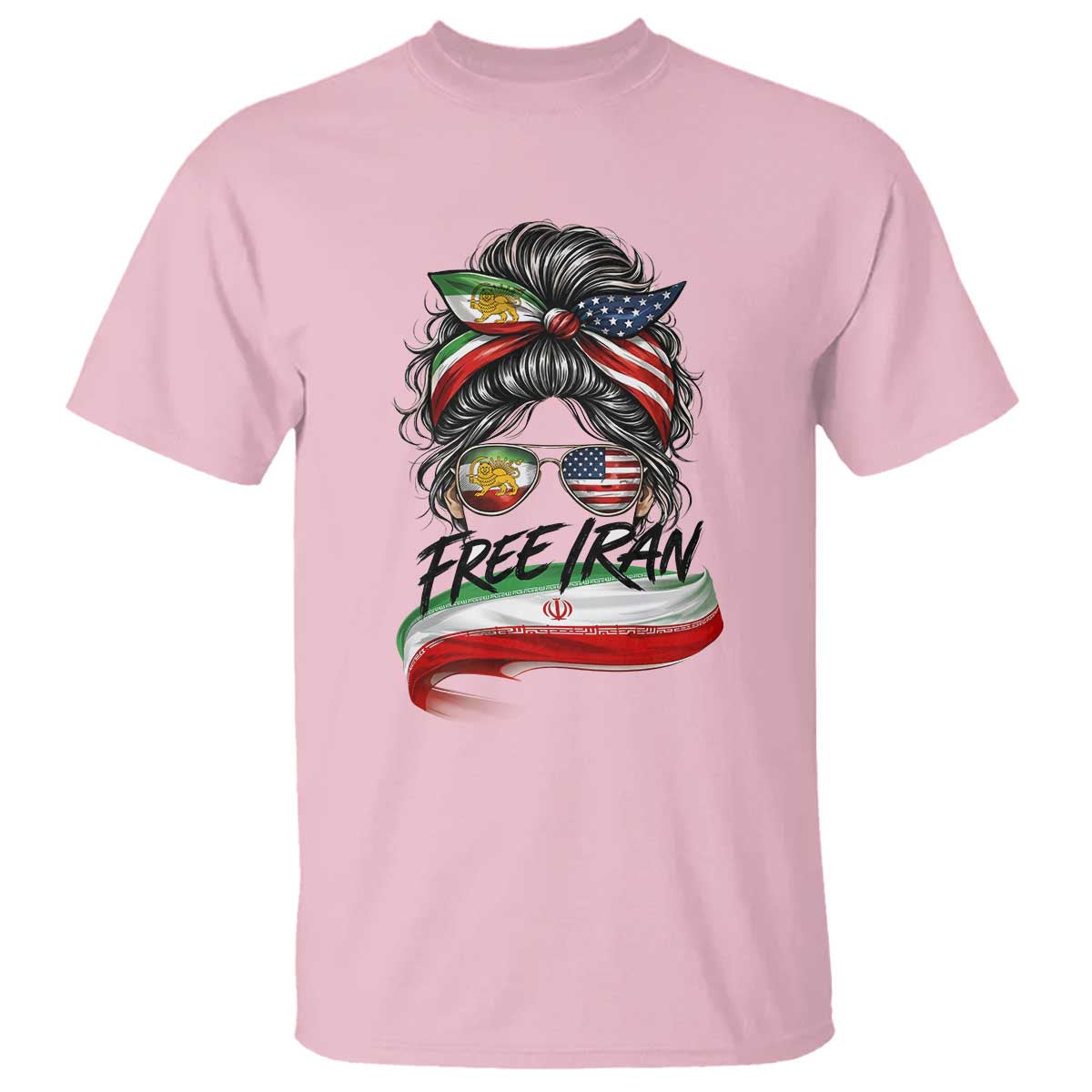 Free Iran T Shirt Persian American Pride Lion Sun Flag Messy Bun