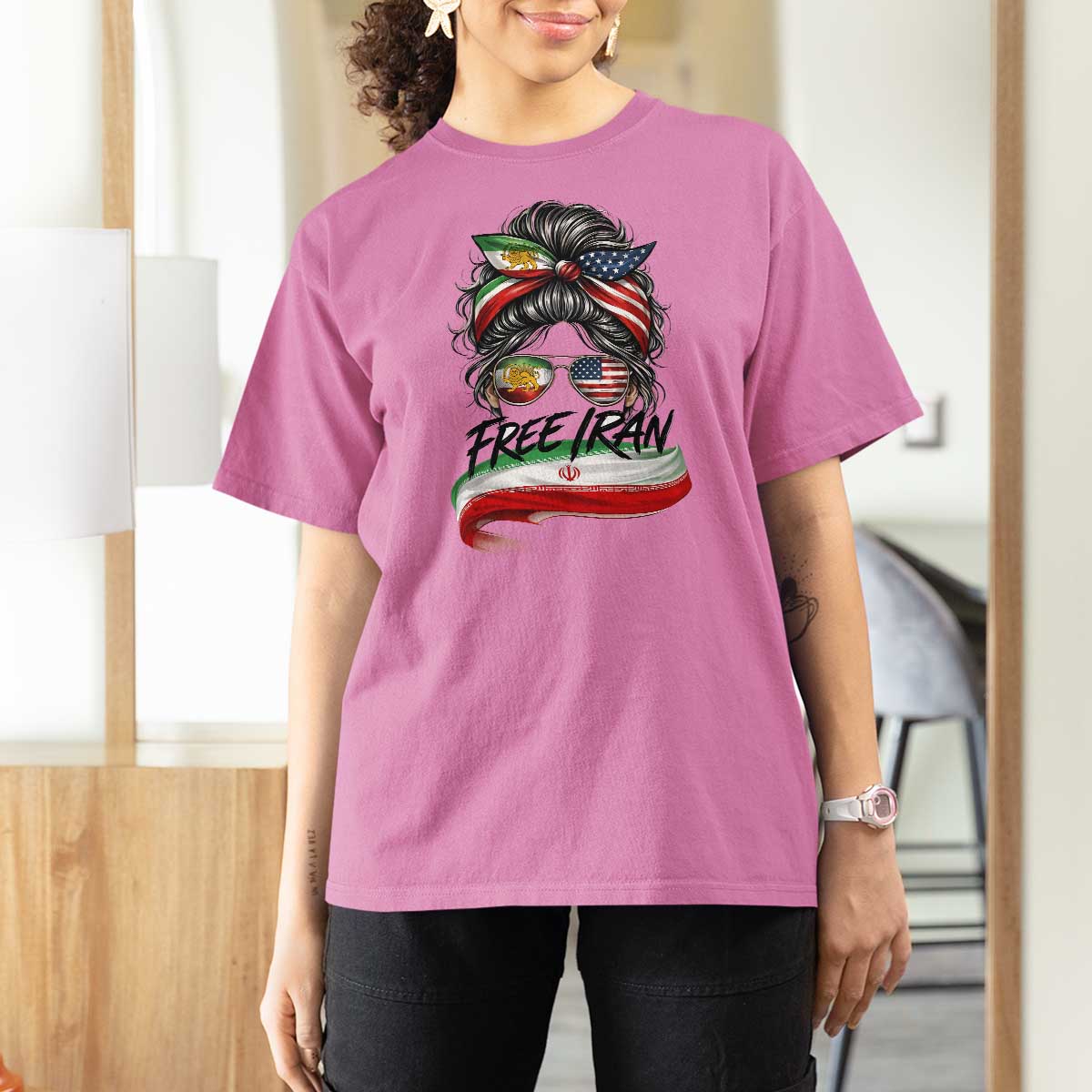 Free Iran T Shirt For Women Persian American Pride Lion Sun Flag Messy Bun