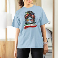 Free Iran T Shirt For Women Persian American Pride Lion Sun Flag Messy Bun