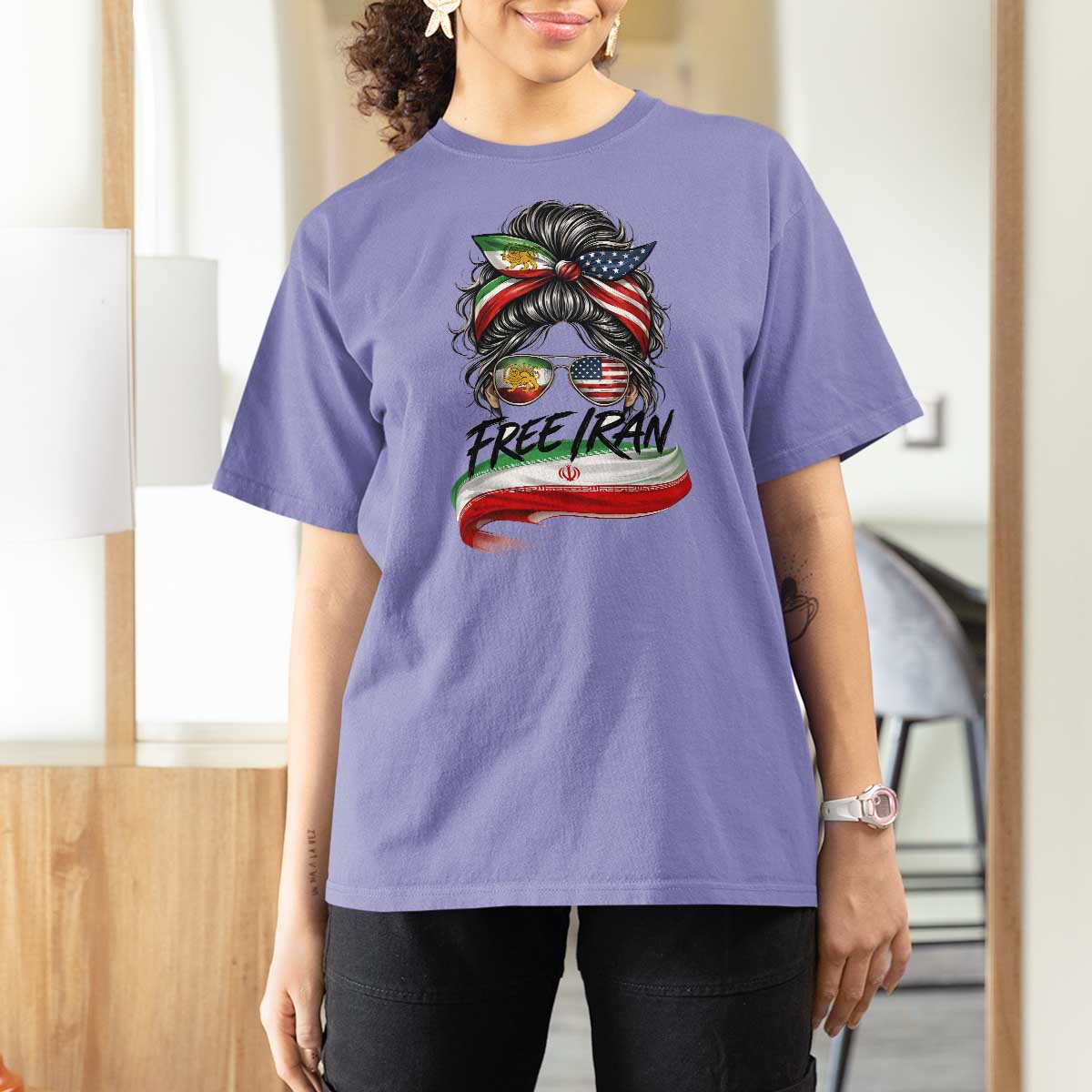 Free Iran T Shirt For Women Persian American Pride Lion Sun Flag Messy Bun