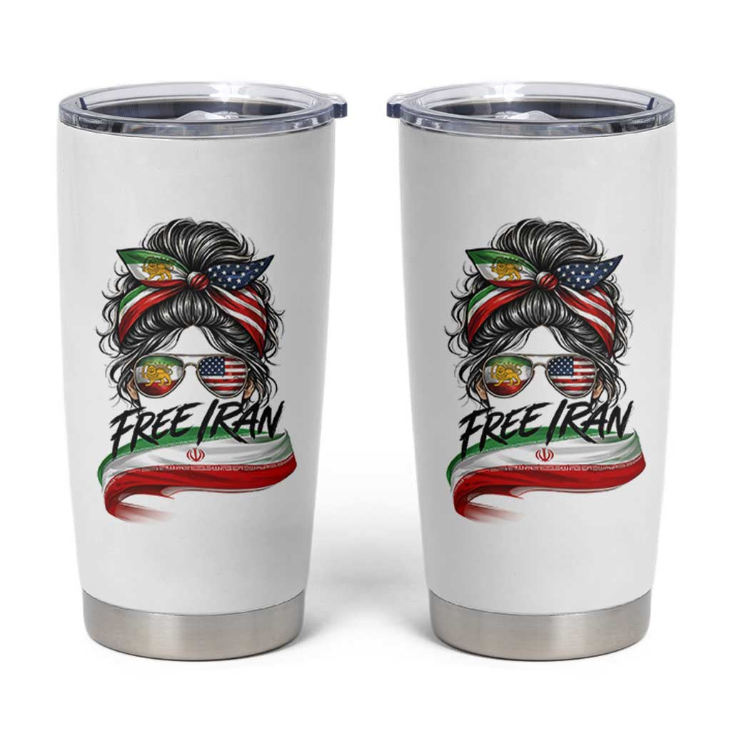 Free Iran Tumbler Cup Persian American Pride Lion Sun Flag Messy Bun
