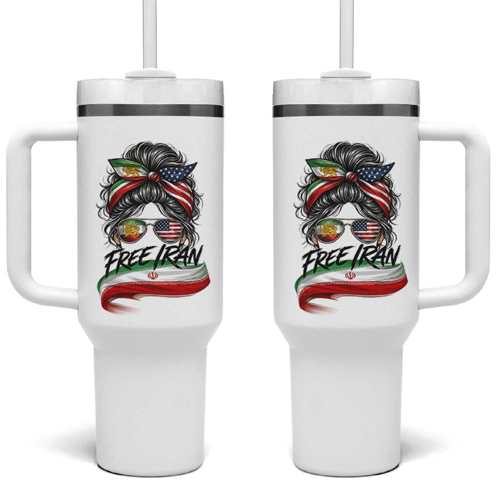 Free Iran Tumbler With Handle Persian American Pride Lion Sun Flag Messy Bun