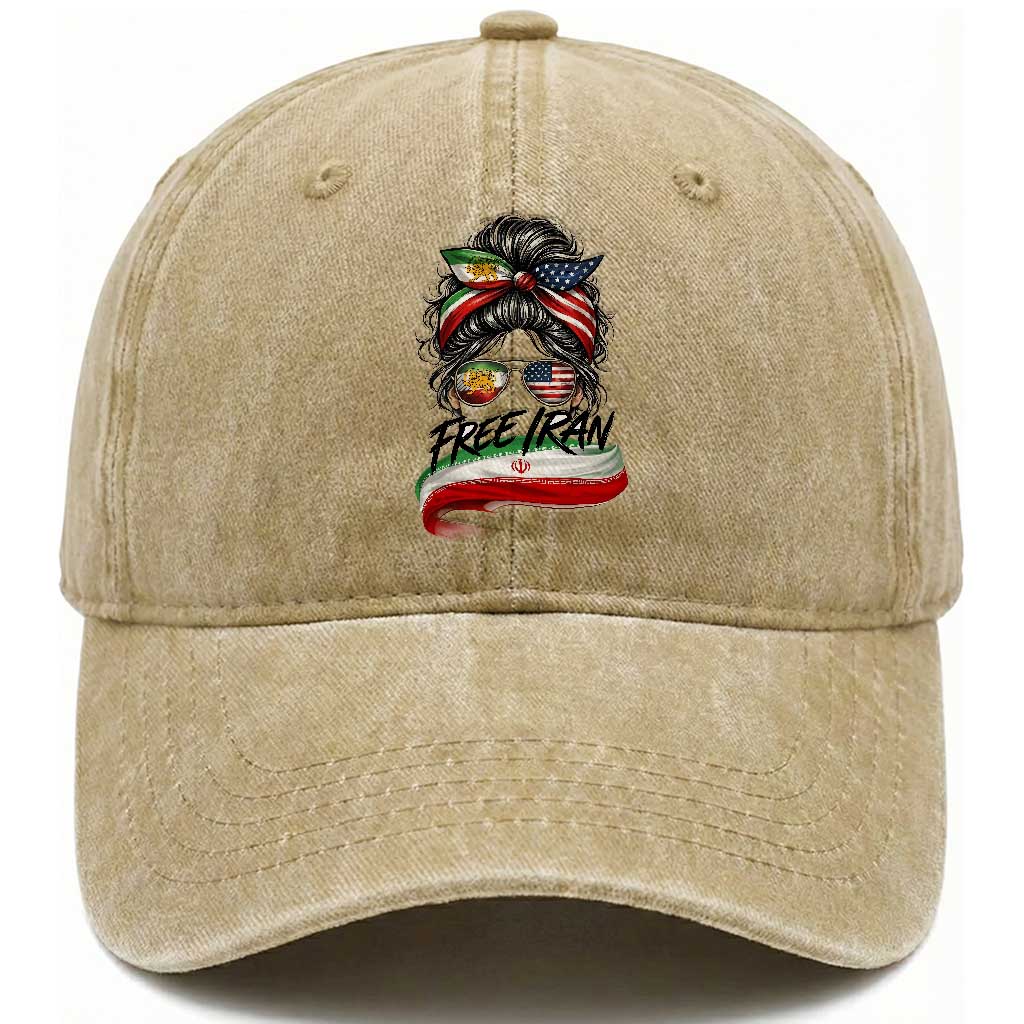Free Iran Washed Cotton Baseball Cap Persian American Pride Lion Sun Flag Messy Bun