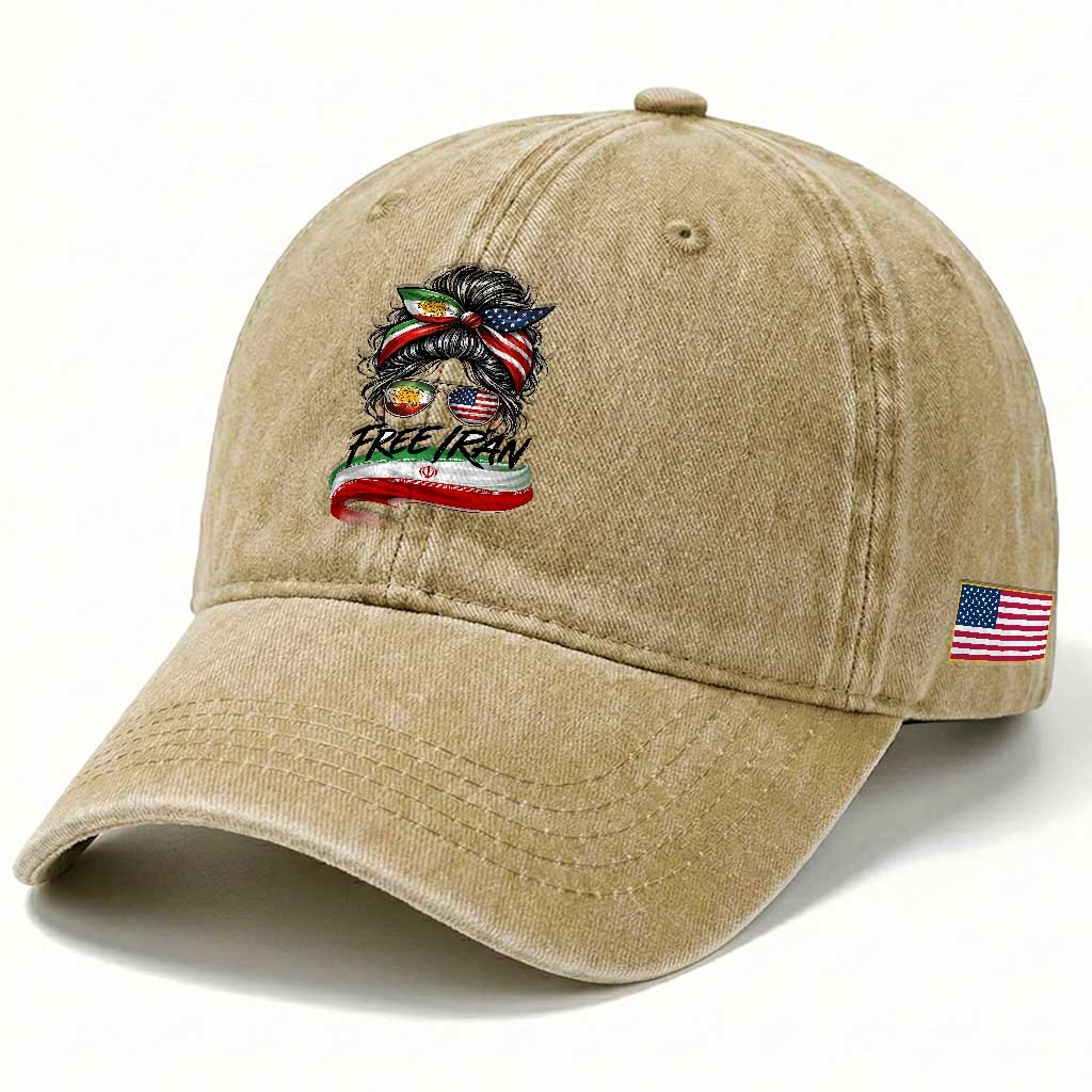 Free Iran Washed Cotton Baseball Cap Persian American Pride Lion Sun Flag Messy Bun