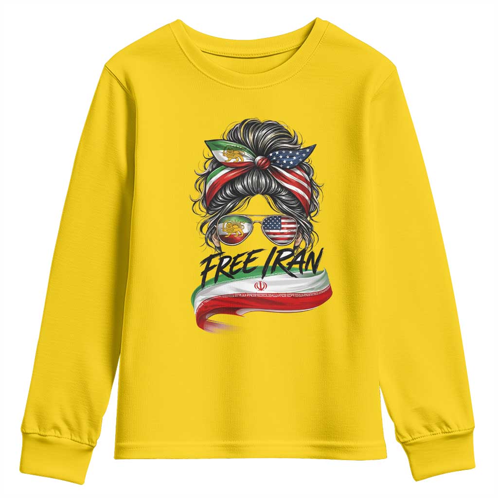 Free Iran Youth Sweatshirt Persian American Pride Lion Sun Flag Messy Bun
