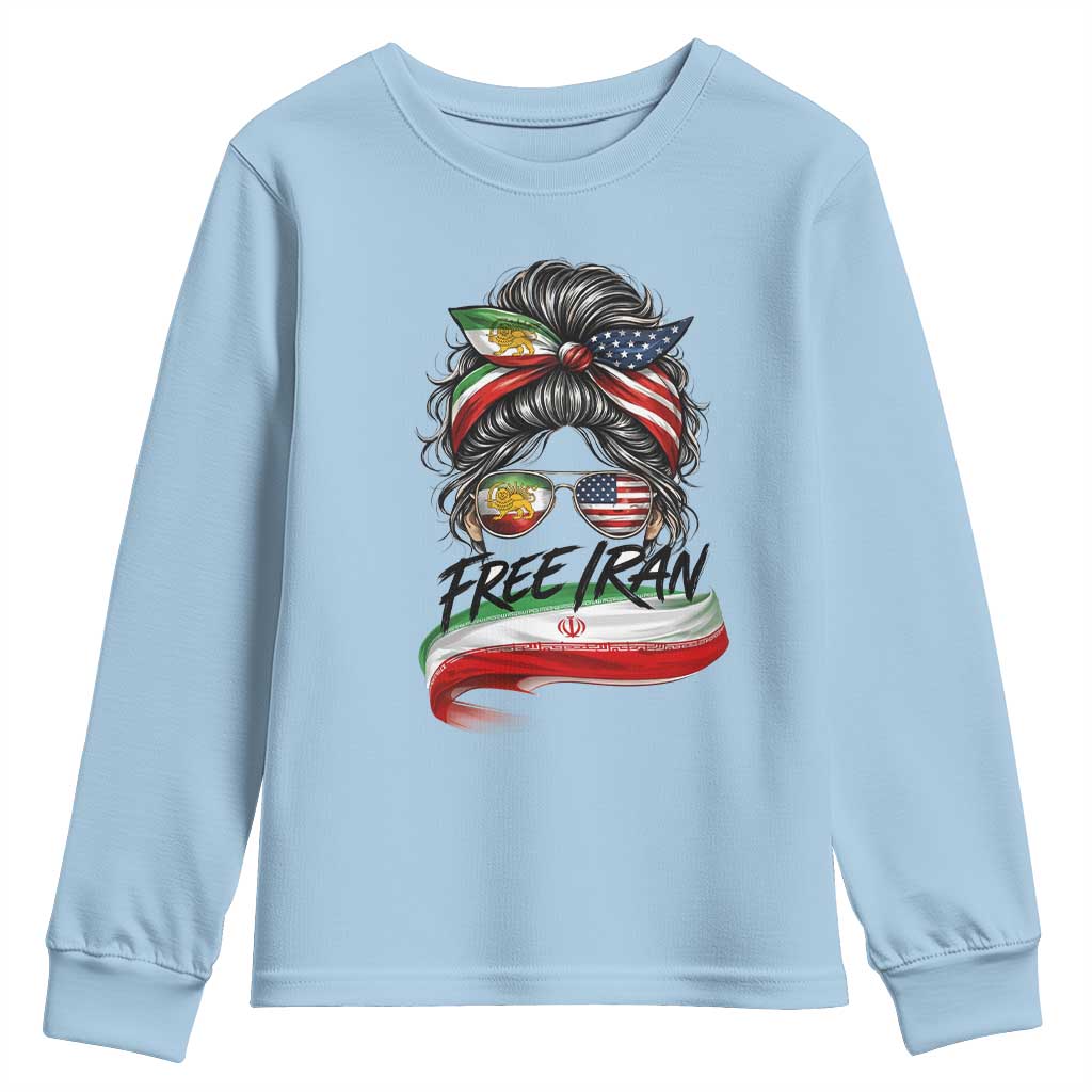 Free Iran Youth Sweatshirt Persian American Pride Lion Sun Flag Messy Bun