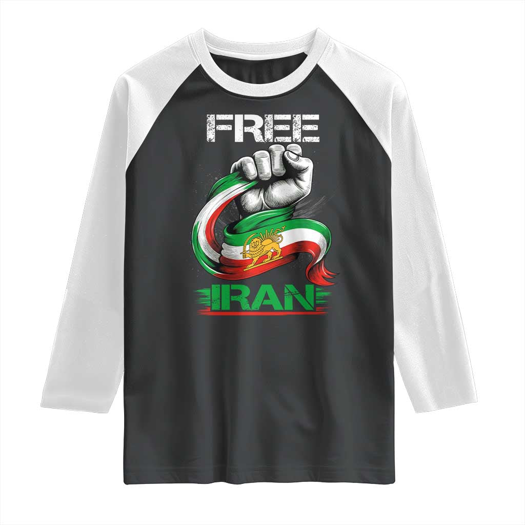 Free Iran Raglan Shirt Iran Lion Sun Flag Fist