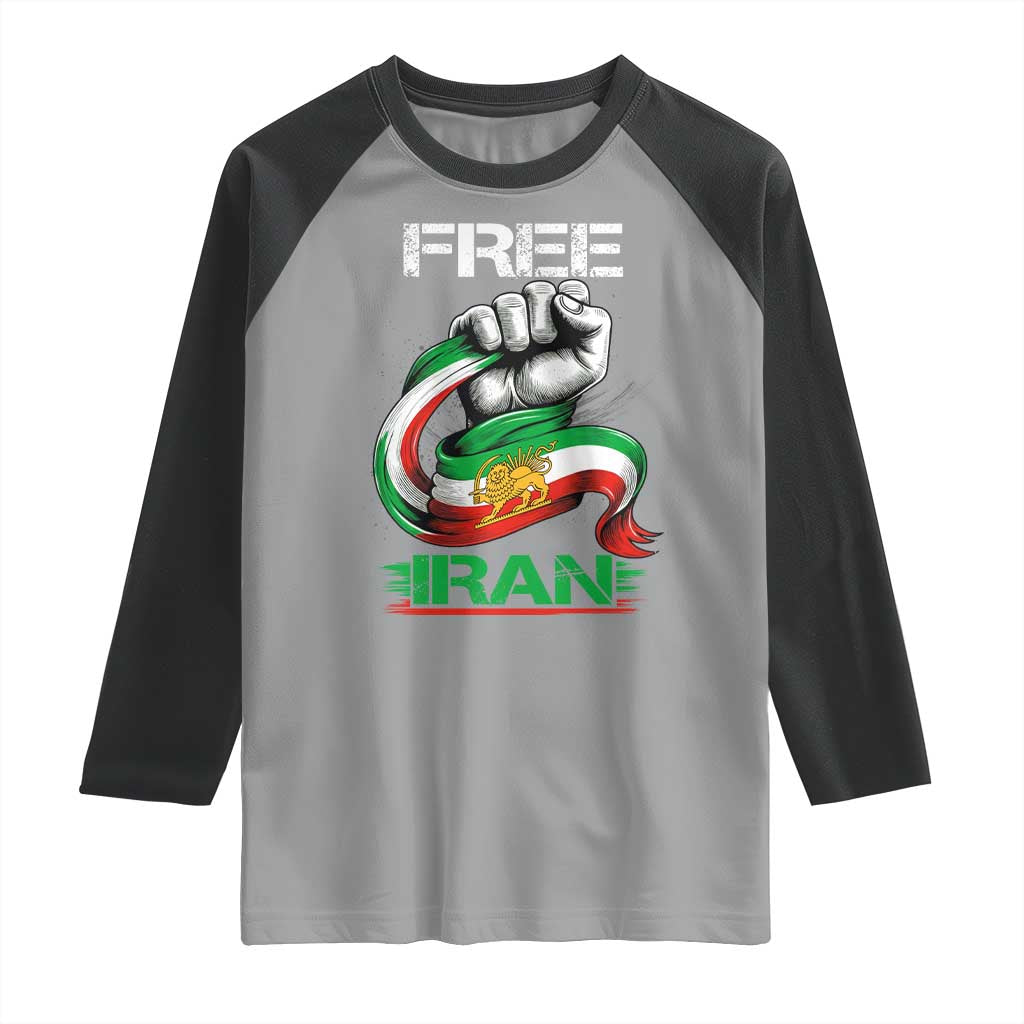 Free Iran Raglan Shirt Iran Lion Sun Flag Fist