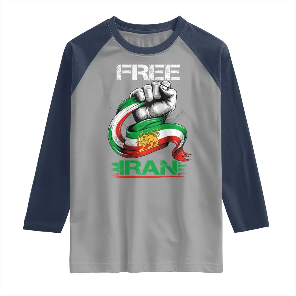 Free Iran Raglan Shirt Iran Lion Sun Flag Fist