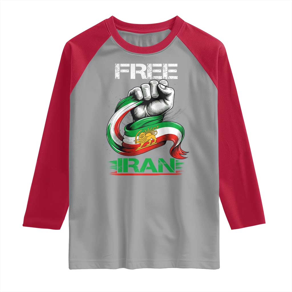 Free Iran Raglan Shirt Iran Lion Sun Flag Fist