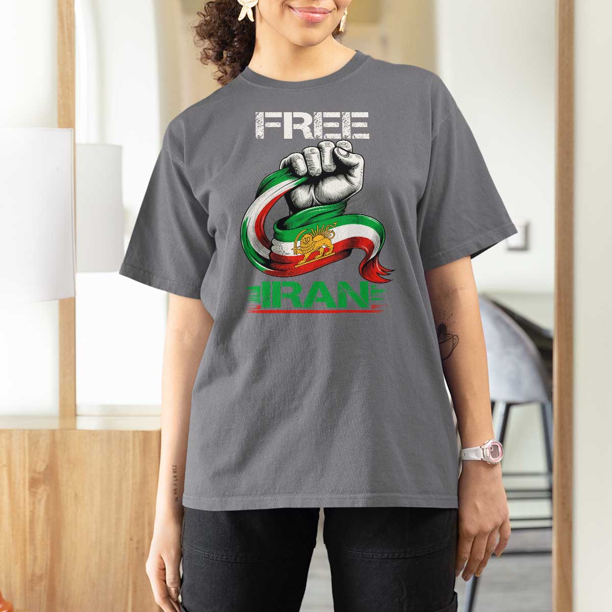 Free Iran T Shirt For Women Iran Lion Sun Flag Fist