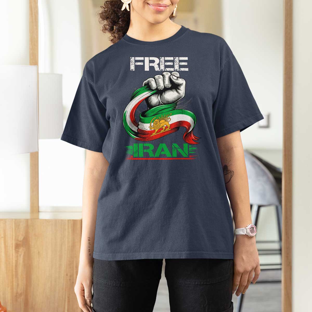 Free Iran T Shirt For Women Iran Lion Sun Flag Fist