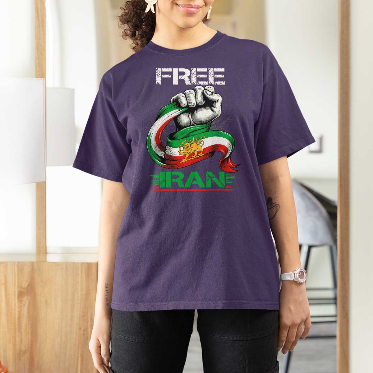 Free Iran T Shirt For Women Iran Lion Sun Flag Fist