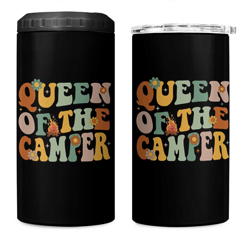 Camper Queen 4 in 1 Can Cooler Tumbler Retro Groovy Funny Women Girls RV Camping Lovers - Wonder Print Shop