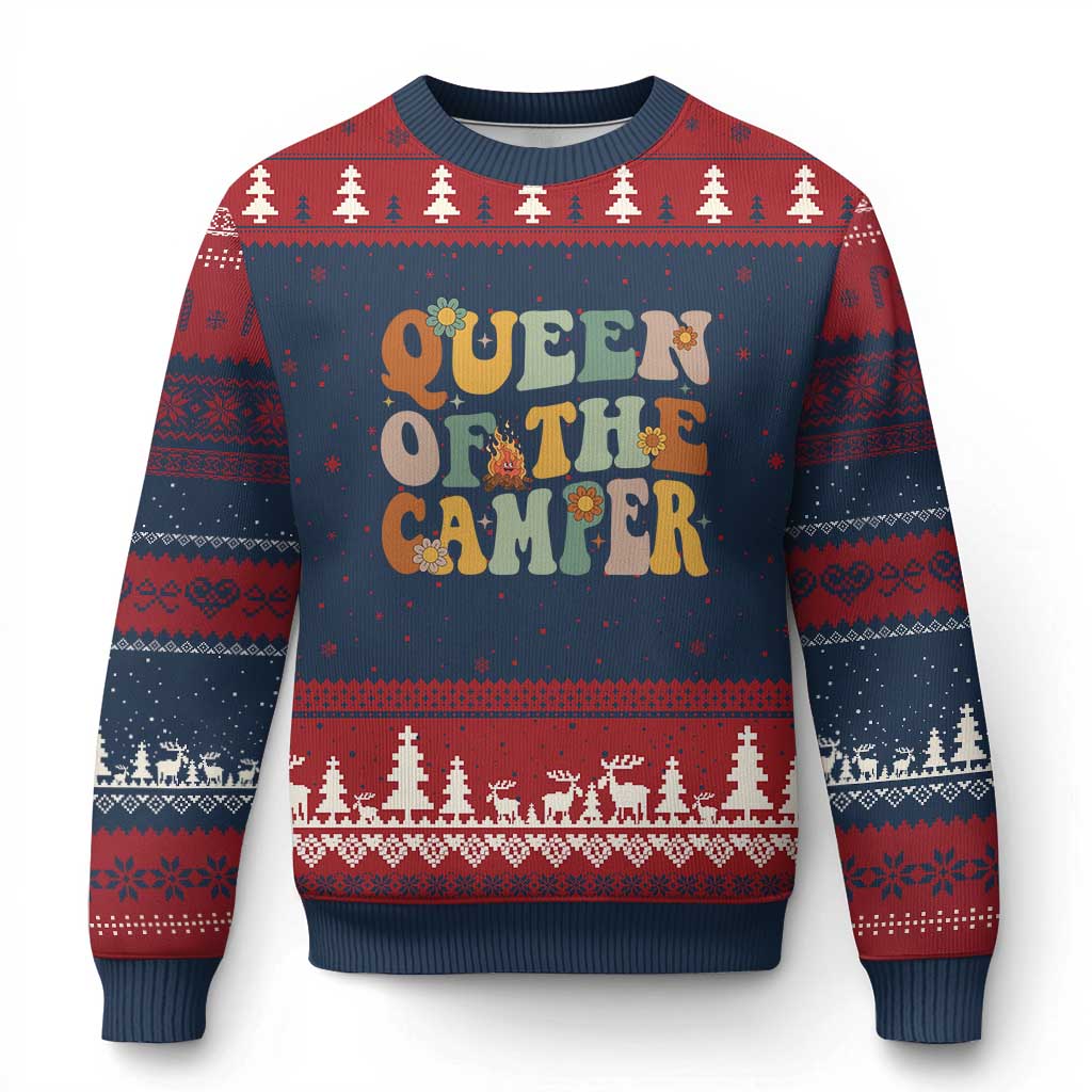 Camper Queen Ugly Christmas Sweater Retro Groovy Funny Women Girls RV Camping Lovers - Wonder Print Shop