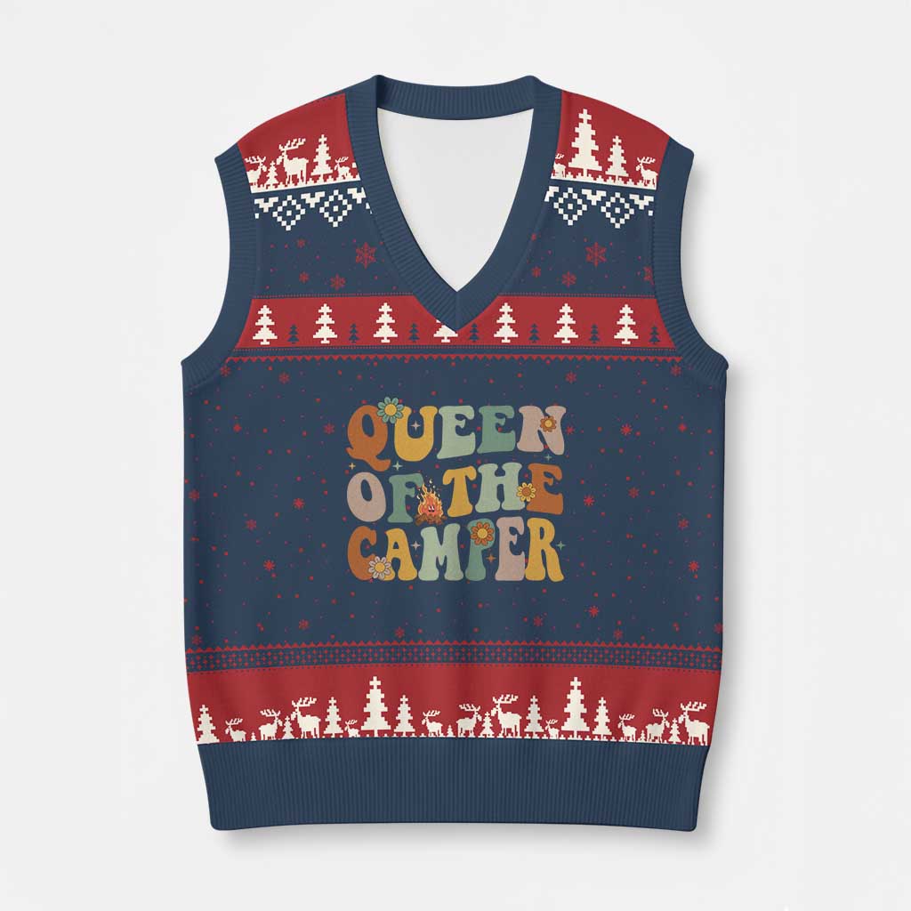 Camper Queen V-Neck Knit Sweater Vest Retro Groovy Funny Women Girls RV Camping Lovers - Wonder Print Shop