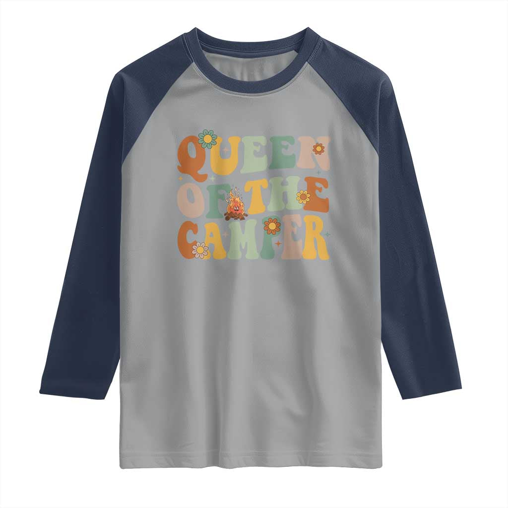 Camper Queen Raglan Shirt Retro Groovy Funny Women Girls RV Camping Lovers - Wonder Print Shop