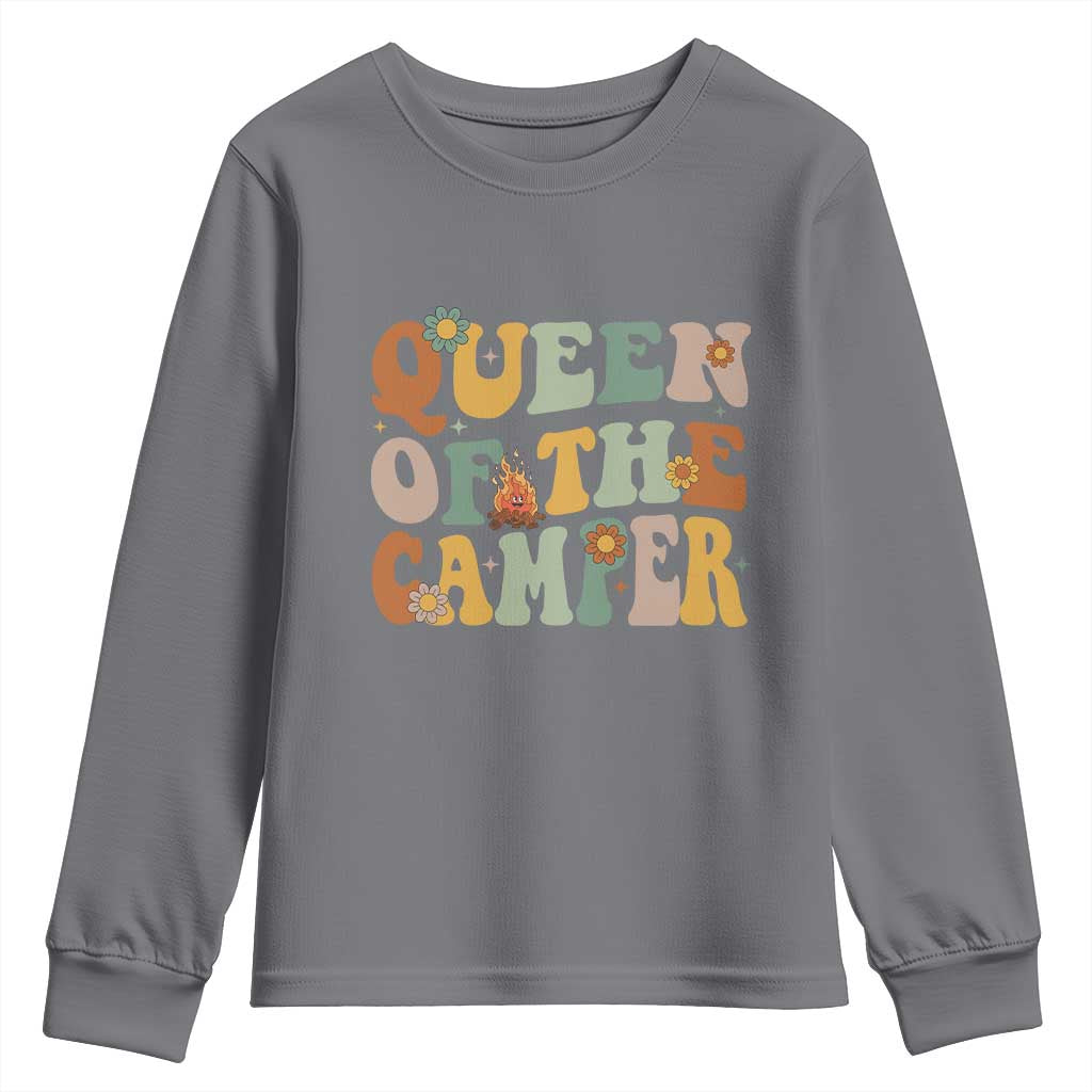 Camper Queen Youth Sweatshirt Retro Groovy Funny Women Girls RV Camping Lovers - Wonder Print Shop