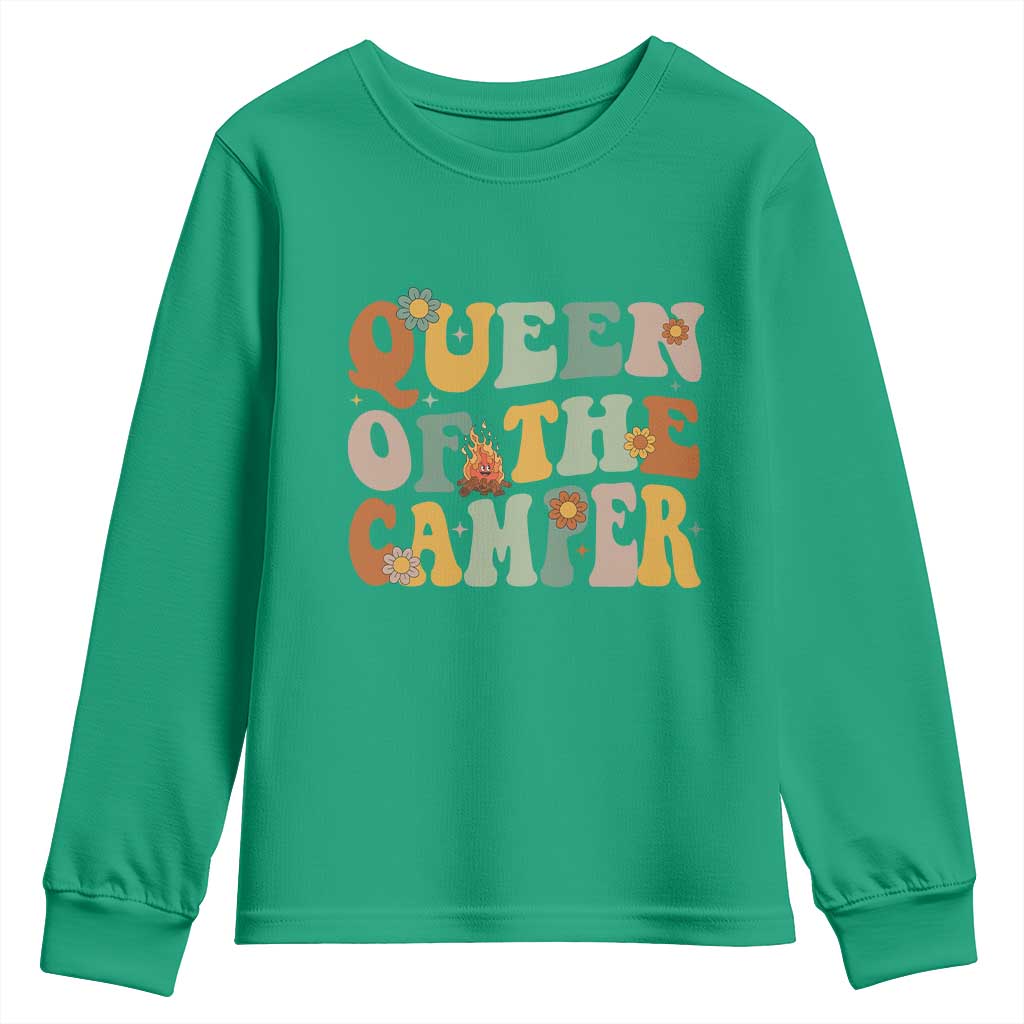 Camper Queen Youth Sweatshirt Retro Groovy Funny Women Girls RV Camping Lovers - Wonder Print Shop