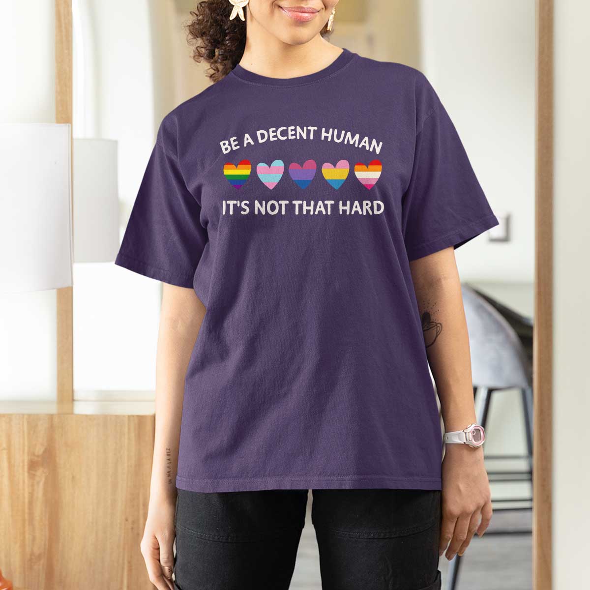 Be A Decent Human It's Not That Hard T Shirt For Women LGBT Heart Retro Human Rights - Wonder Print Shop